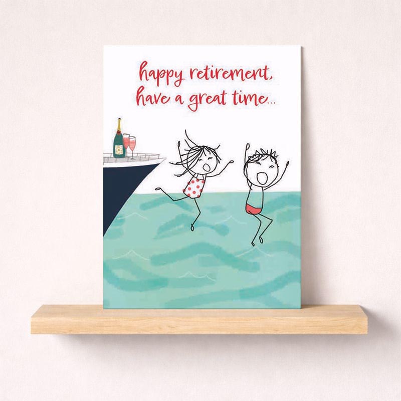 Retirement card with "happy retirement, have a great time" message. Playful illustration of two women jumping into water. Perfect for celebrating newfound freedom and relaxation.