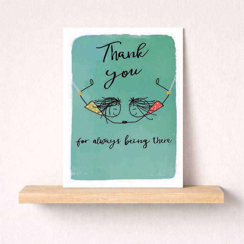 Heartwarming card for someone special. Message reads "Thank you for always being there." Image of two people holding hands. Ideal for expressing gratitude.