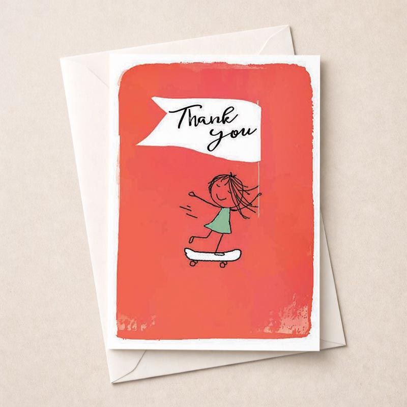 A girl on a skateboard holds a "Thank you" sign, radiating gratitude and joy in vibrant colors. Perfect for expressing appreciation to loved ones.