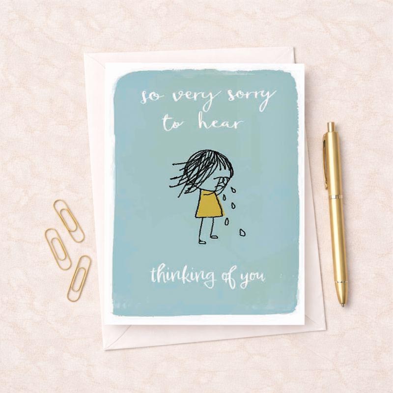 Sympathy greetings card with sad girl drawing - "So very sorry to hear, thinking of you." Blue background for comfort and support.
