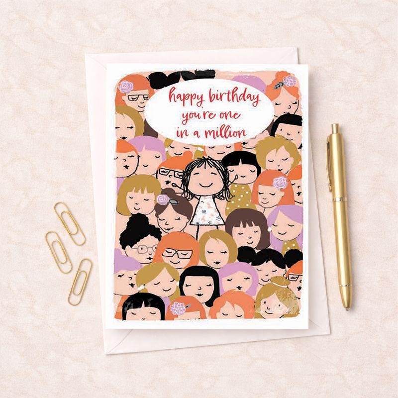 Colorful birthday greetings card with cartoon girl and crowd of people, saying "happy birthday you're one in a million.