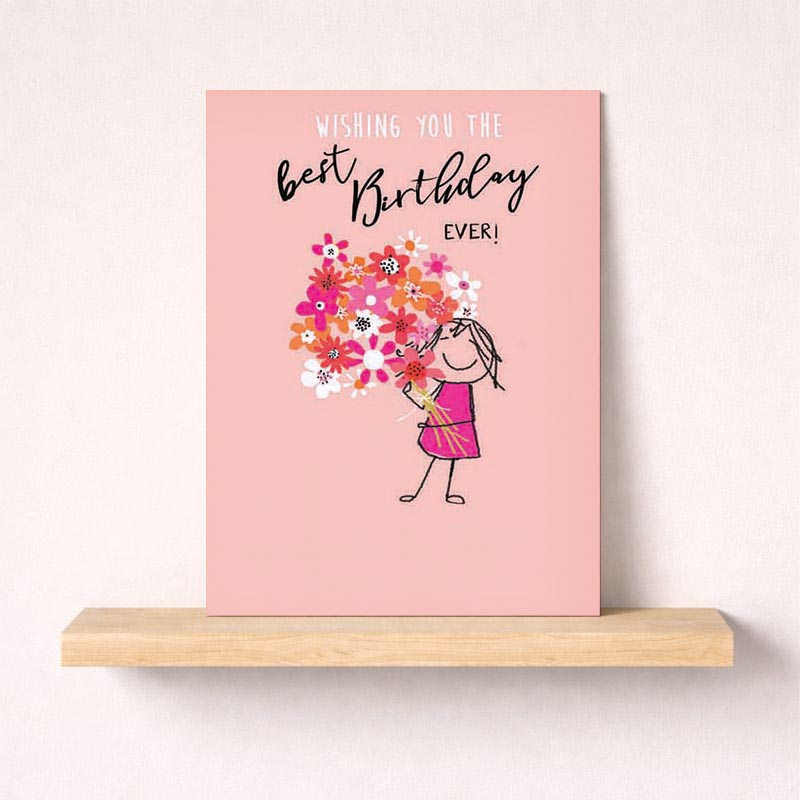 Colorful birthday card with girl holding flowers and "WISHING YOU THE Best Birthday EVER" message.