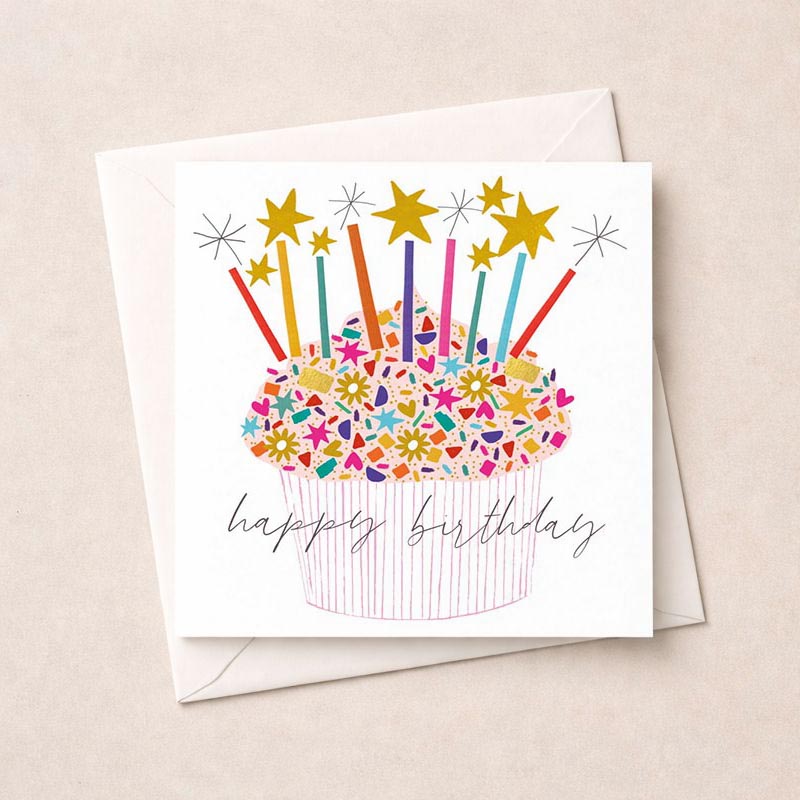 colourful cupcake-themed greetings card with flickering candles and twinkling stars, perfect for birthdays.