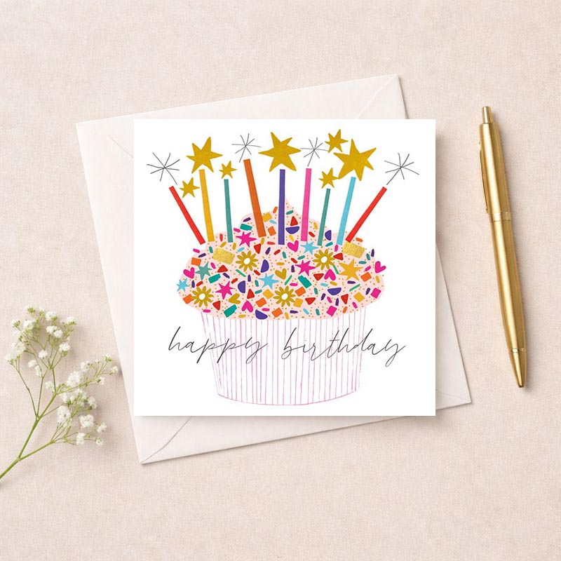 colourful cupcake-themed greetings card with flickering candles and twinkling stars, perfect for birthdays.