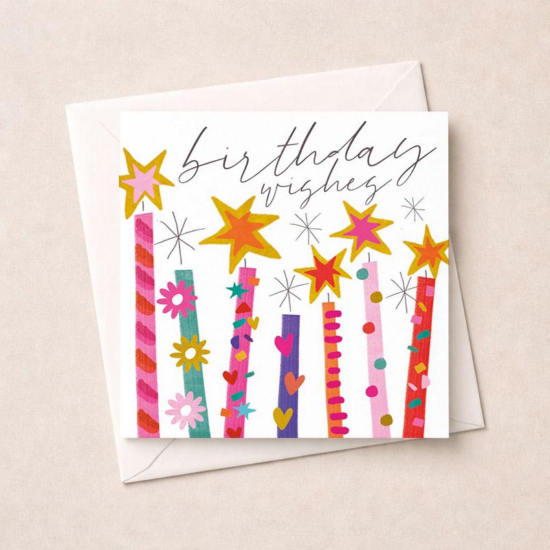 colourful birthday card with candles, stars, and flowers, perfect for spreading joy and well wishes.