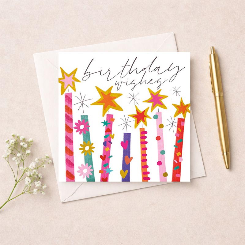 colourful birthday card with candles, stars, and flowers, perfect for spreading joy and well wishes.