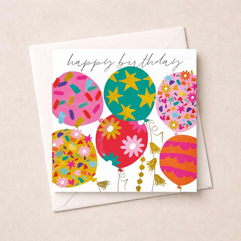 colourful birthday greetings card with balloons, flowers, and stars, exuding joy and warmth. Perfect for spreading birthday cheer!