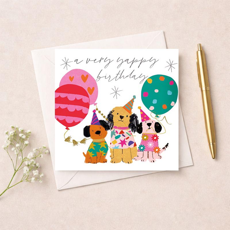 colourful dog party card with balloons, perfect for spreading joy and celebrating special occasions.