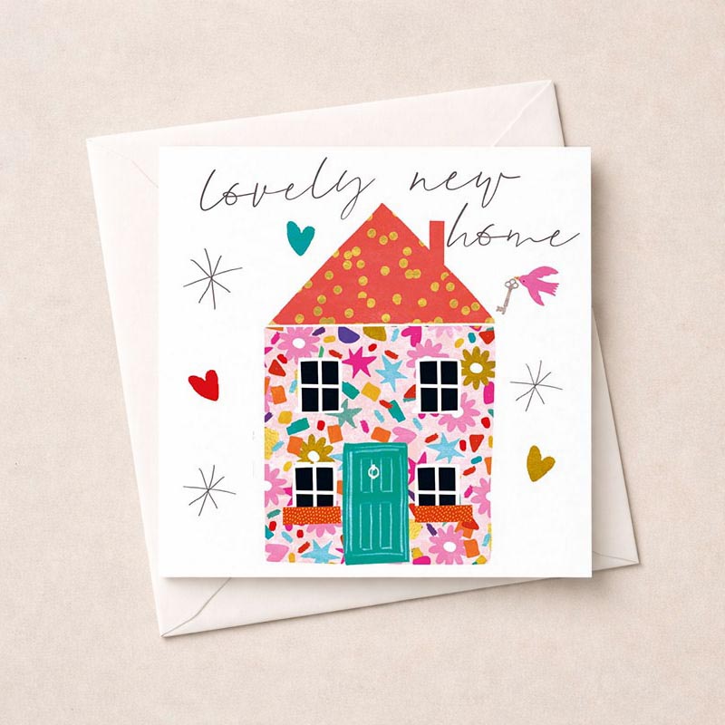 colourful house with pink roof, yellow door, and hearts. Spread love and cheer with this delightful greetings card.