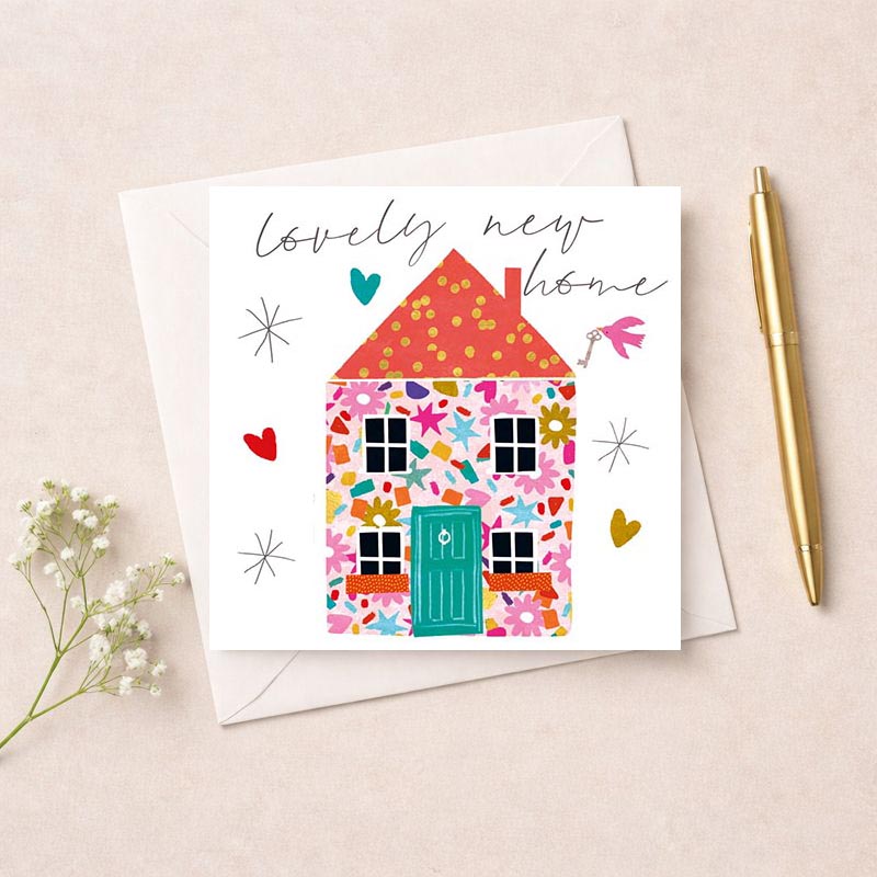 colourful house with pink roof, yellow door, and hearts. Spread love and cheer with this delightful greetings card.