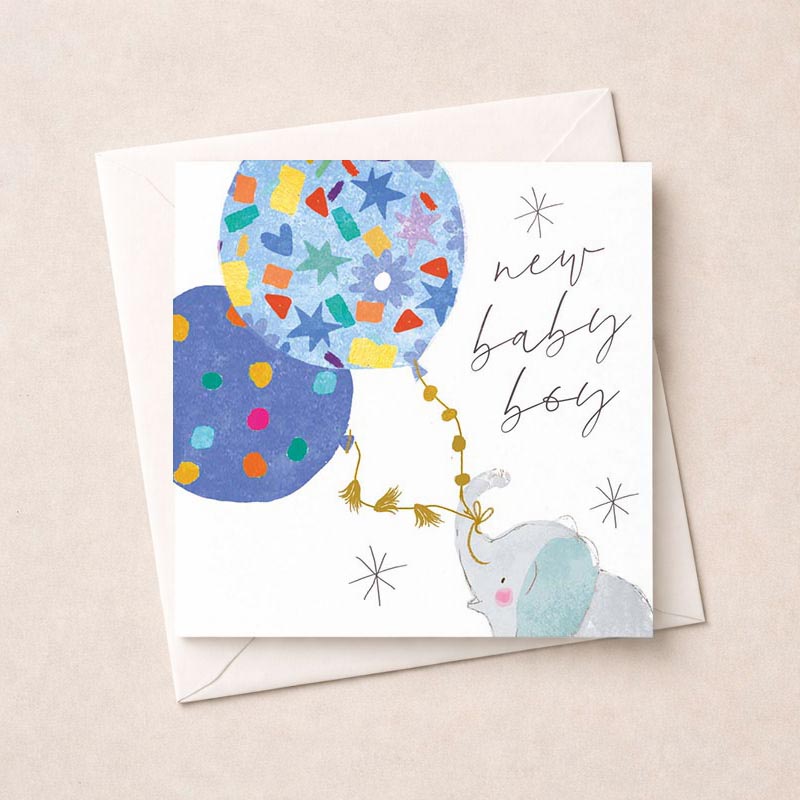 Sweet baby elephant holding a colourful balloon on a pastel greetings card. Perfect for spreading joy and love!