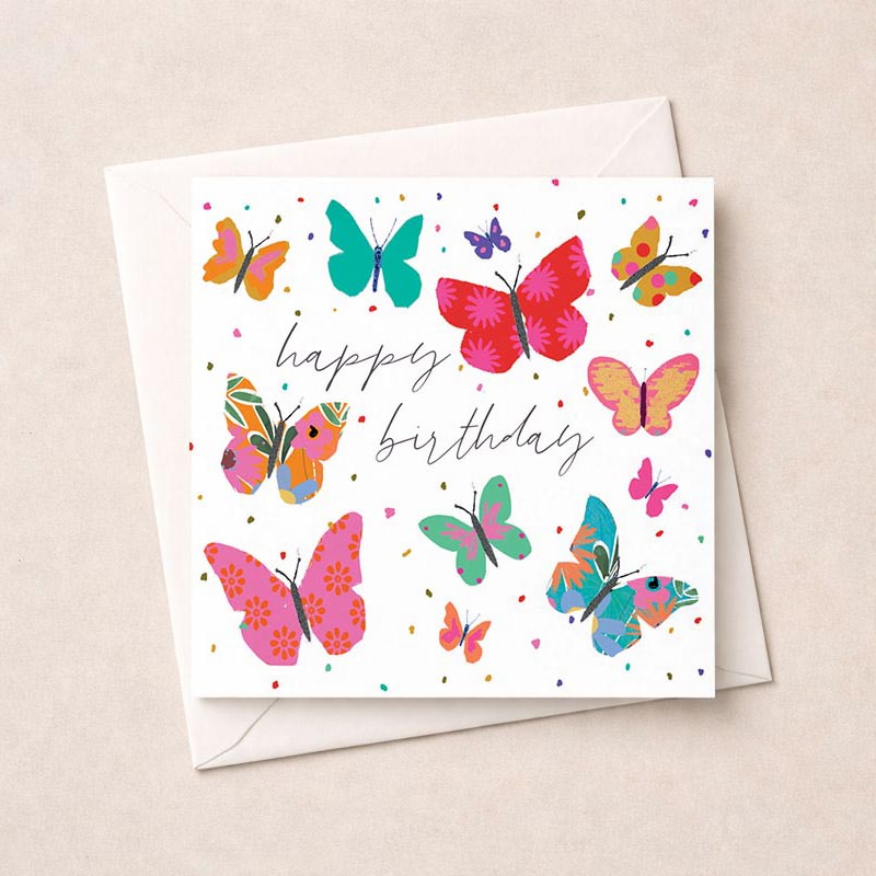 colourful butterfly-themed greetings card exuding joy and cheer; perfect for special occasions.