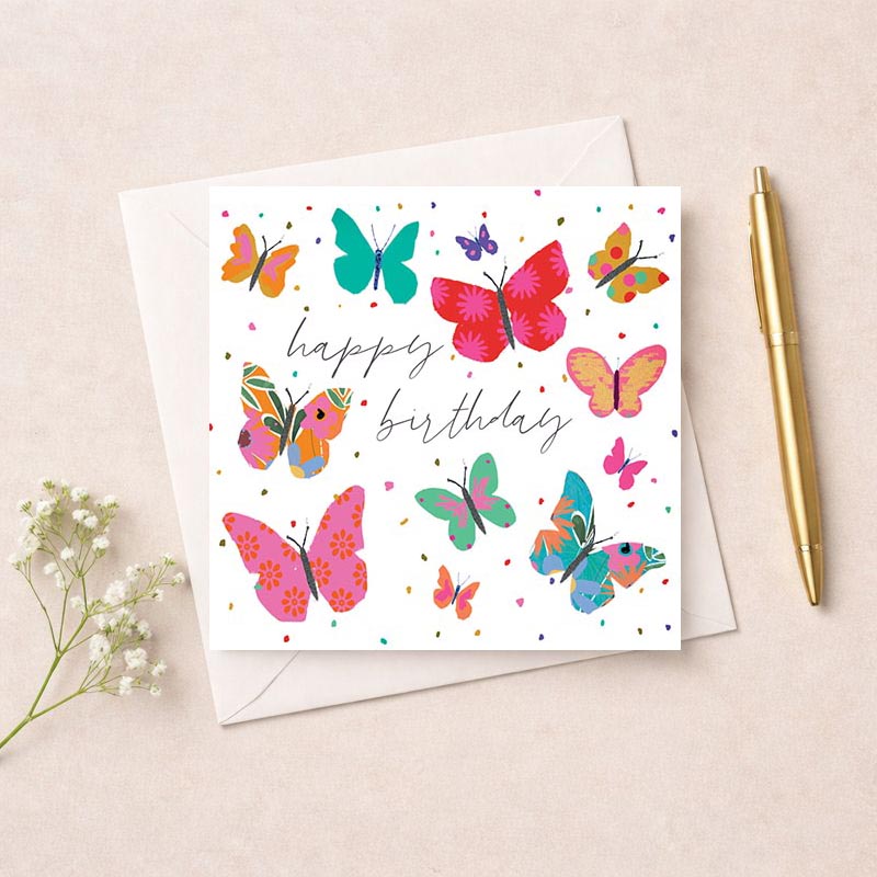 colourful butterfly-themed greetings card exuding joy and cheer; perfect for special occasions.