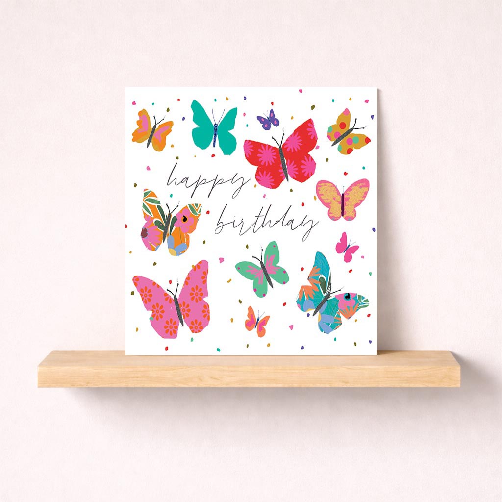 colourful butterfly-themed greetings card exuding joy and cheer; perfect for special occasions.