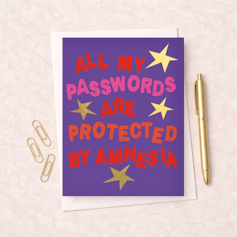 Purple greetings card with star design and "ALL MY PASSWORDS ARE PROTECTED BY AMNESIA" message. Perfect for tech-savvy individuals with a sense of humor.