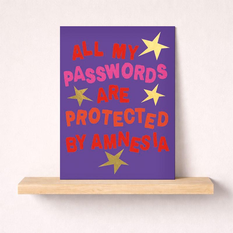 Purple greetings card with star design and "ALL MY PASSWORDS ARE PROTECTED BY AMNESIA" message. Perfect for tech-savvy individuals with a sense of humor.