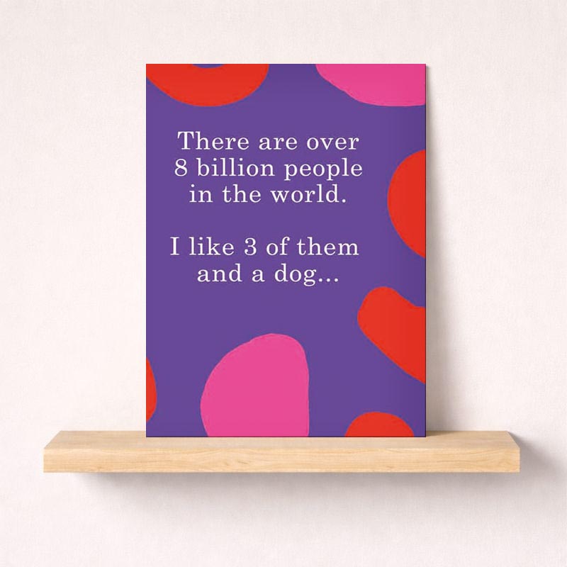 Heartwarming greetings card with purple and red design, hearts, and quote: "I like 3 people and a dog&Atilde;&cent;&acirc;&sbquo;&not;&Acirc;&brvbar;" Ideal for showing love to special ones.